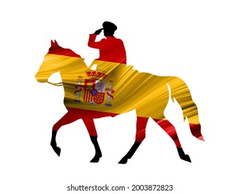 Spain national flag pinned on stallion horse and officer silhouette