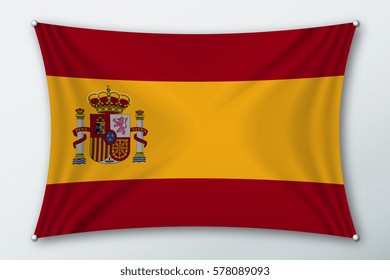 Spain national flag. Symbol of the country on a stretched fabric with waves attached with pins. Realistic vector illustration.