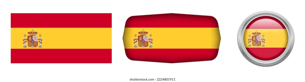 Spain national flag in three versions rectangular, ellipse and round flag on white background. vector illustration