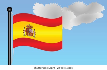 Spain national flag waving against a bright blue sky. representing national pride, unity, and heritage in Europe with its vibrant colors and iconic design. Patriotic symbol of identity or pride