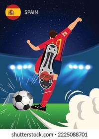 Spain National Football Team. Spain Soccer Player Shooting and Kicking Ball. Football soccer player man on the football pitch or football ground. Vector illustration.