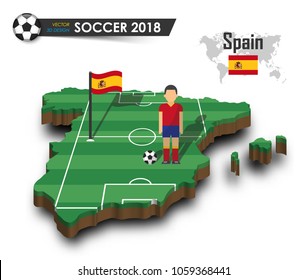 Spain national soccer team . Football player and flag on 3d design country map . isolated background . Vector for international world championship tournament 2018 concept .