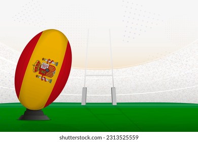 Spain national team rugby ball on rugby stadium and goal posts, preparing for a penalty or free kick. Vector illustration.