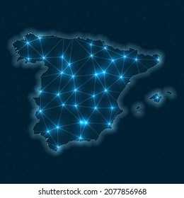 Spain network map. Abstract geometric map of the country. Digital connections and telecommunication design. Glowing internet network. Classy vector illustration.