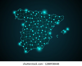 Spain network map. Abstract polygonal Spain network map design with glowing dots and lines. Map of Spain networks. Vector illustration. - Vector