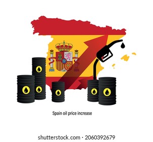 Spain oil price increase. Spain map and oil barrels. editable vector illustration.
