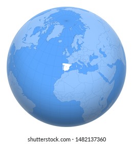 Spain on the globe. Earth centered at the location of the Kingdom of Spain. Map of Spain. Includes layer with capital cities.