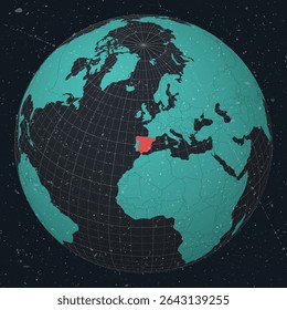 Spain on Globe. Vintage look with grunge scratched texture. Country view on world map in Dark Charcoal Turquoise color palette. Spain shape on map. Globe with meridians and parallels.