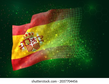 Spain, on vector 3d flag on green background with polygons and data numbers