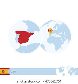 Spain on world globe with flag and regional map of Spain. Vector Illustration.