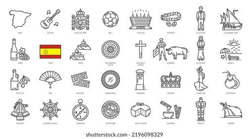 Spain Outline Icons. European Culture And History Symbols, Spain Food And Landmarks Vector Symbols. Bullfighter, Guitar And Jamon, Stadium, Spain Map And Flag, Wine, Columbus Ship And Flamenco