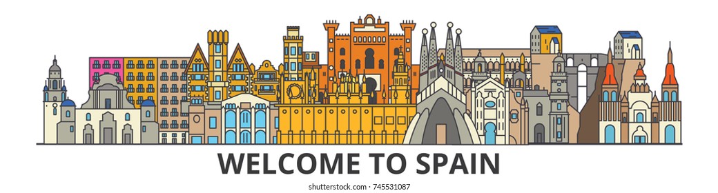 Spain outline skyline, spanish flat thin line icons, landmarks, illustrations. Spain cityscape, spanish travel city vector banner. Urban silhouette