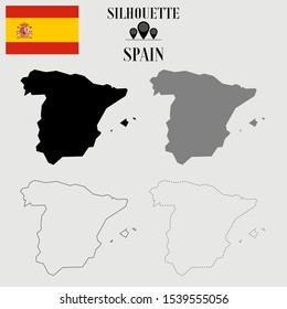 Spain outline world map, solid, dash line contour silhouette, national flag vector illustration design, isolated on background, objects, symbol from countries set