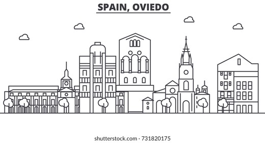 Spain, Oviedo architecture line skyline illustration. Linear vector cityscape with famous landmarks, city sights, design icons. Landscape wtih editable strokes