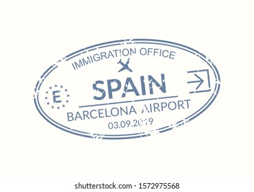 Spain passport stamp. Visa stamp for travel. Barcelona international airport grunge sign. Immigration, arrival and departure symbol. Vector illustration.