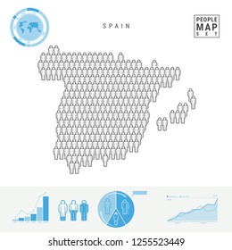 Spain People Icon Map. People Crowd in the Shape of a Map of Spain. Stylized Silhouette of Spain. Population Growth and Aging Infographic Elements. Vector Illustration Isolated on White.