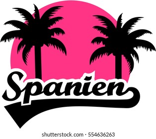 Spain pink sun with palms. German.