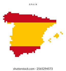 Spain pixel flag map icon. 8 bit pixel art Spanish map covered with flag. Flat vector illustration isolated on white background.