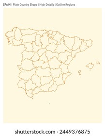 Spain plain country map. High Details. Outline Regions style. Shape of Spain. Vector illustration.