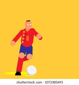 Spain player in red shirt dribbling ball flat vector illustration on yellow background