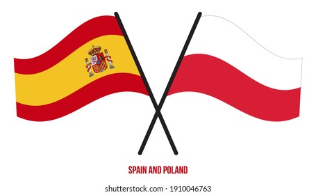 Spain and Poland Flags Crossed And Waving Flat Style. Official Proportion. Correct Colors.