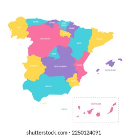 Spain political map of administrative divisions - autonomous communities and autonomous cities of Ceuta and Melilla. Colorful vector map with labels.