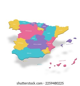 Spain political map of administrative divisions - autonomous communities and autonomous cities of Ceuta and Melilla. 3D colorful vector map with name labels.