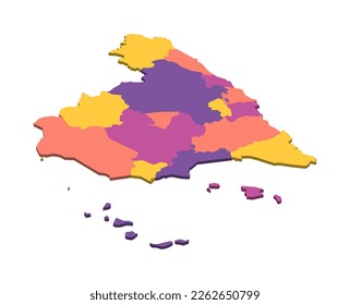 Spain political map of administrative divisions - autonomous communities and autonomous cities of Ceuta and Melilla. Isometric 3D blank vector map in four colors scheme.