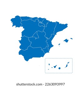 Spain political map of administrative divisions - autonomous communities and autonomous cities of Ceuta and Melilla. Solid blue blank vector map with white borders.