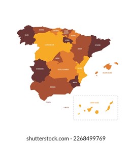 Spain political map of administrative divisions - autonomous communities and autonomous cities of Ceuta and Melilla. Flat vector map with name labels. Brown - orange color scheme.