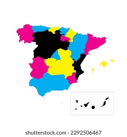 Spain political map of administrative divisions - autonomous communities and autonomous cities of Ceuta and Melilla. Blank vector map in CMYK colors.