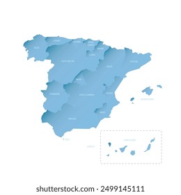 Spain political map of administrative divisions - autonomous communities and autonomous cities of Ceuta and Melilla. Shaded vector map with 3D-like blue gradient and name labels
