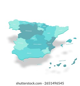 Mapa político de Espanha das divisões administrativas - comunidades autônomas e cidades autônomas de Ceuta e Melilla. Mapa de vetor turquesa 3D com rótulos de nome.