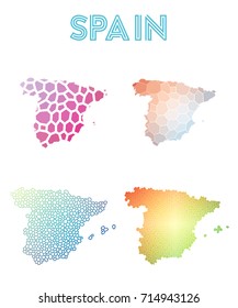 Spain polygonal map. Mosaic style maps collection. Bright abstract tessellation, geometric, low poly, modern design. Spain polygonal maps for infographics or presentations.