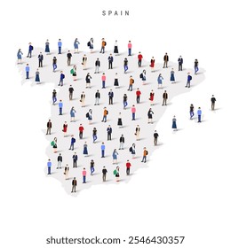 Spain population map. Large group of realistic a diverse crowd of people figures in a shape of Spanish map. Flat vector illustration isolated on white.