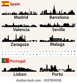 Spain and Portugal largest cities skylines silhouettes vector set