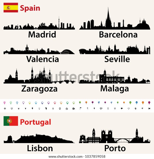 Spain Portugal Largest Cities Skylines Silhouettes Stock Vector ...