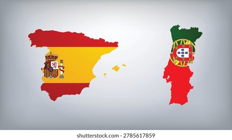 Spain and Portugal Map Flags Vector Illustration, Spain and Portugal Country Shapes Design