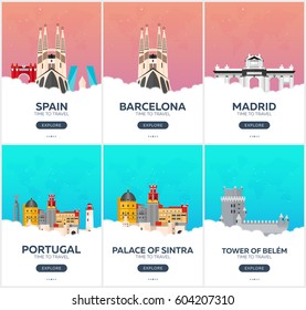 Spain, Portugal. Time to travel. Set of Travel posters. Vector flat illustration