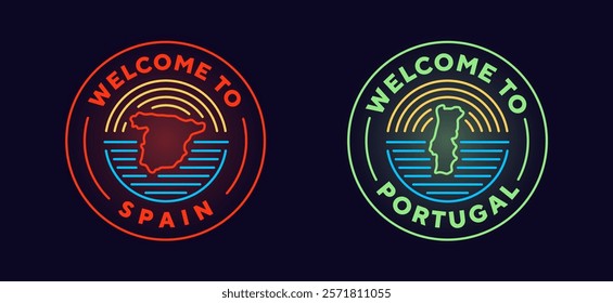 Spain, Portugal travel logo. Neon style, editable stroke. Thin vector icon set