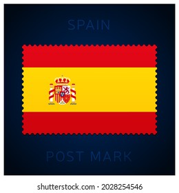 spain postage mark. National Flag Postage Stamp isolated on white background vector illustration. Stamp with official country flag pattern and countries name