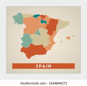 Spain poster. Map of the country with colorful regions. Shape of Spain with country name. Classy vector illustration.