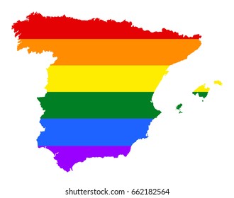 Spain pride gay vector map with rainbow flag colors. Europe country. EU state. 