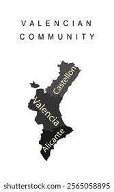 Spain province Autonomous Valencian community map vector silhouette illustration isolated on white background, include territory borders of Castellon, Valencia, Alicante. Country in Europe, EU member.