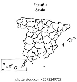 Spain, province divisions map.Continuous line drawing, hand drawn scribble style map