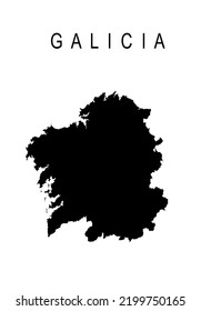 Spain province Galicia vector map silhouette illustration isolated on white background. Territory in Europe,territory include Coruna, Lugo, Pontevedra, Ourense. Autonomous community Galicia region.