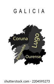 Spanien Provinz Galicia Vektorkarte Silhouette Illustration einzeln auf weißem Hintergrund. Territory in Europa, einschließlich Coruna Karte, Lugo Form, Pontevedra, Ourense. Autonome Gemeinschaft Galicien Region.