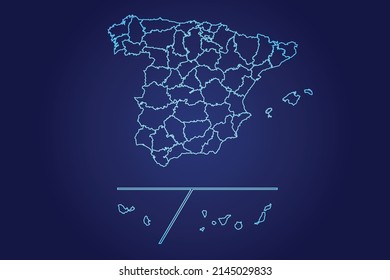 Mapa de las provincias españolas de resumen Mapa azul brillante detallado de fondo oscuro	