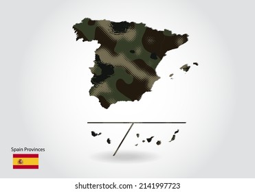 spain Provinces map with camouflage pattern, Forest - green texture in map. Military concept for army, soldier and war. coat of arms, flag.