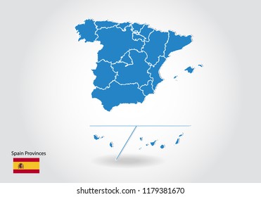 Spain Provinces map design with 3D style. Blue Spain Provinces map and National flag. Simple vector map with contour, shape, outline, on white.